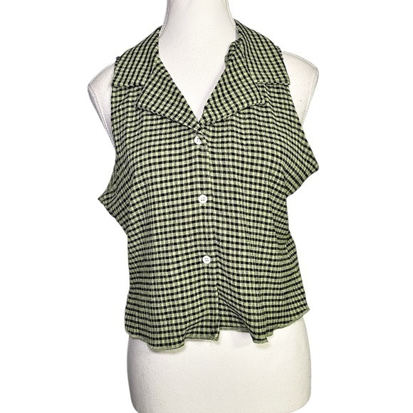 Dazy Tops - Dazy Green and Black Gingham Sleeveless Button Down Women's Top